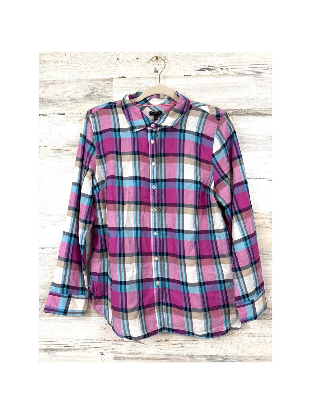 Talbots Womens L Petite Multicolor Plaid Cotton Button Up Shirt Lightweight NEW
